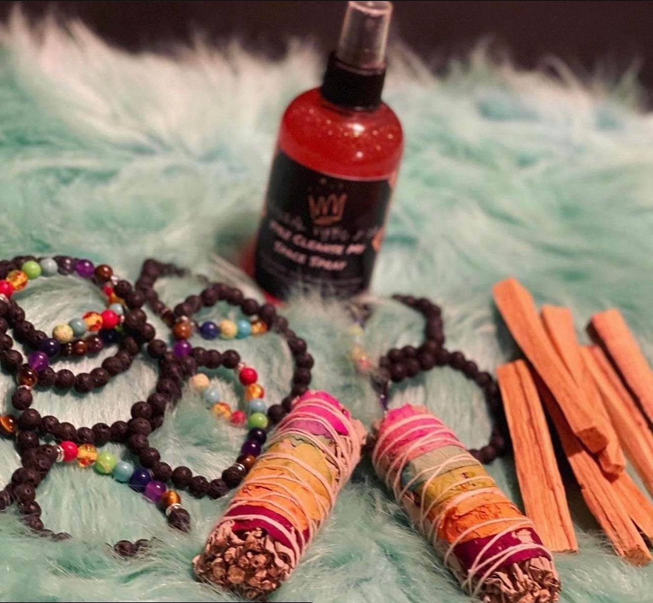 mindfulness tools such as natural vybz cleanse my space spray, aromatherapy bracelets, chakra sage and palo Santos